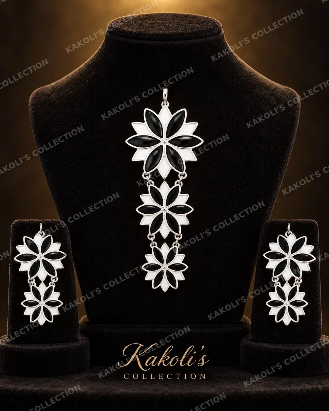 Black & White Triple Flower Pendant Set – Assamese jewellery by Kakoli's Collection