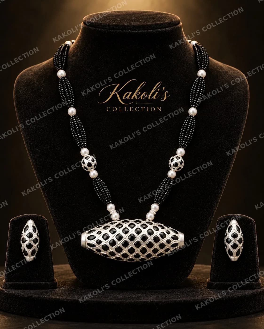 Silver Dholbiri on Black & Pearl Beads – Assamese jewellery by Kakoli's Collection