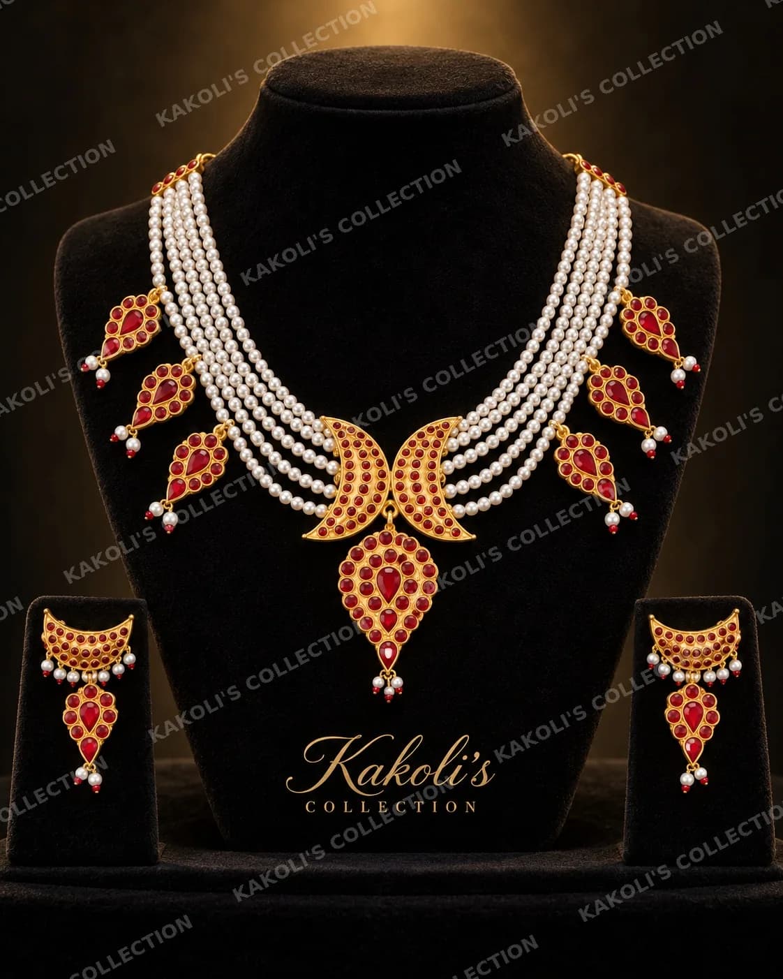 Five-Strand Pearl Golpata with Red Crescent – Assamese jewellery by Kakoli's Collection