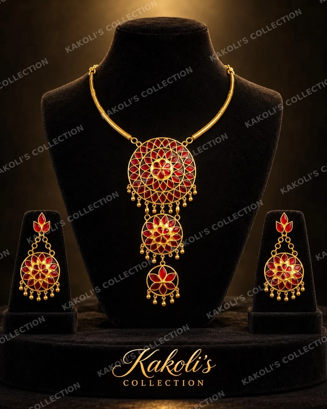 Three-Tier Red Jaapi on Gold Hasuli – Assamese jewellery by Kakoli's Collection