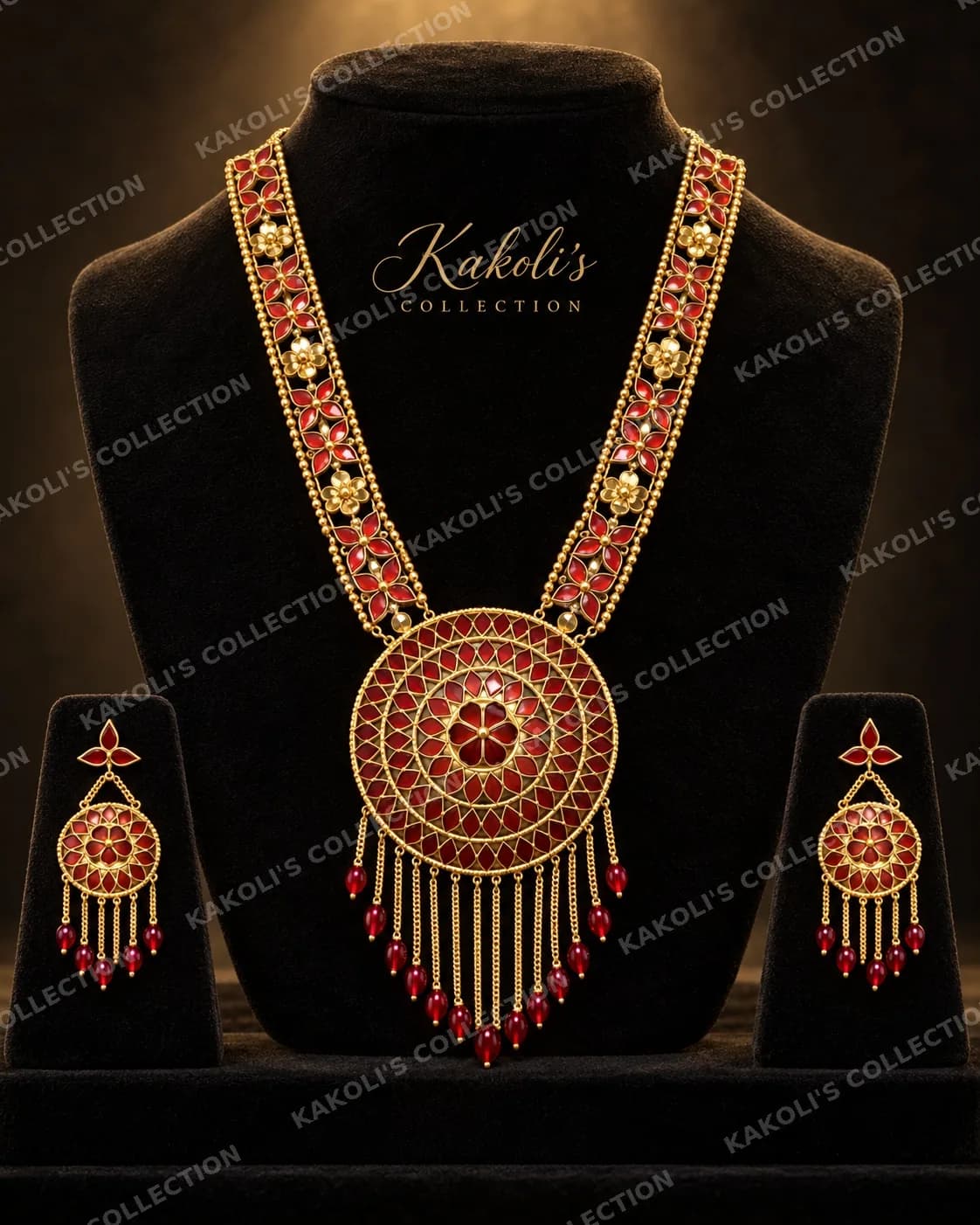 Red Jaapi with Stone Band & Bead Fringe – Assamese jewellery by Kakoli's Collection