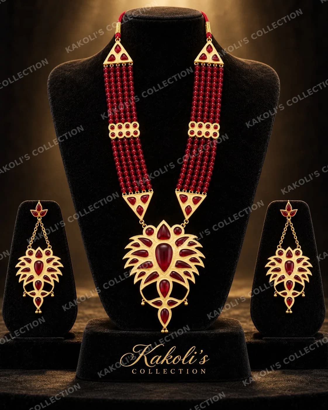 Gold Lotus Jethipata on Red Bead Strings – Assamese jewellery by Kakoli's Collection