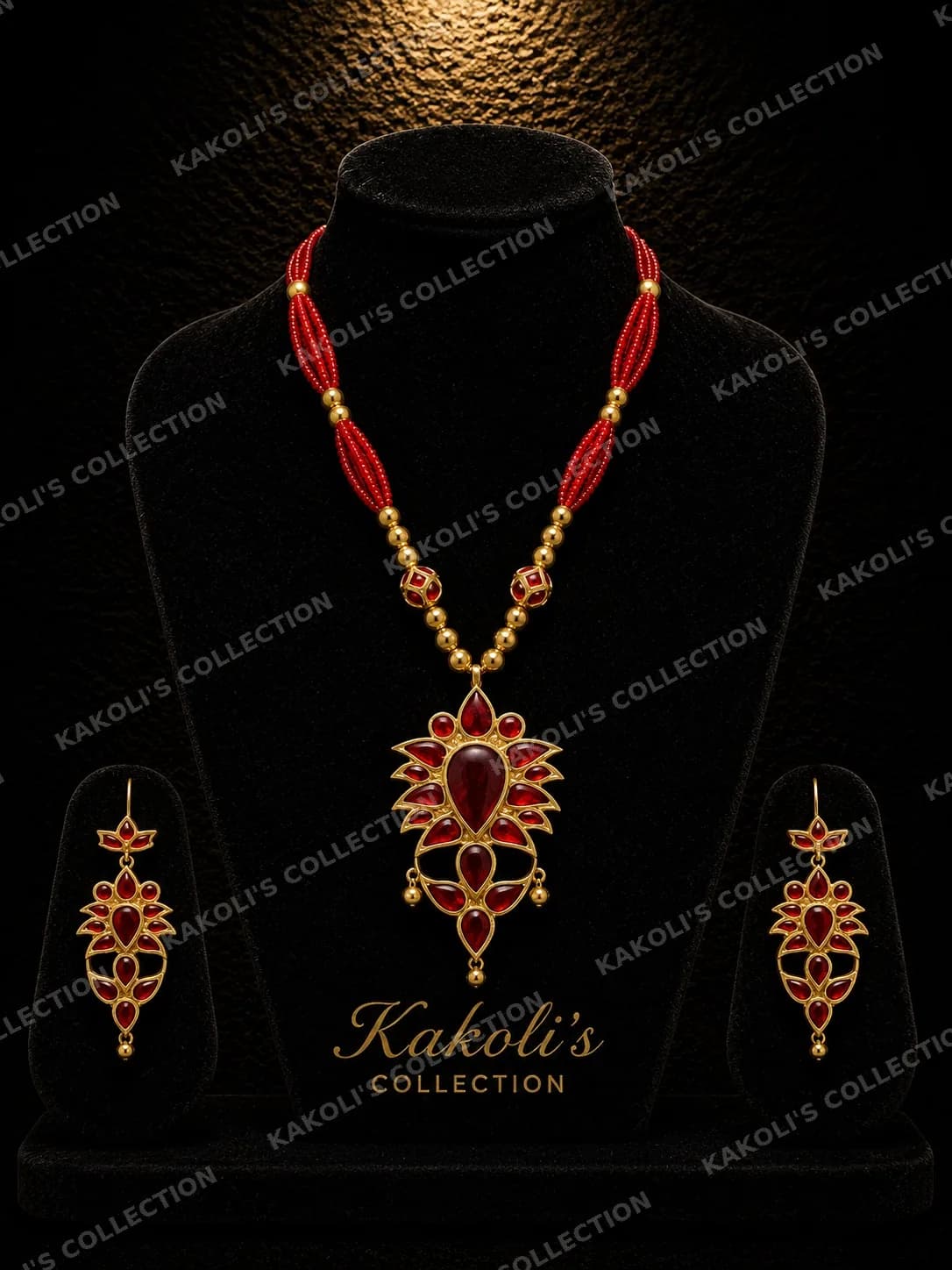 Small Red Stone Jethipata on Red & Gold Beads – Assamese jewellery by Kakoli's Collection