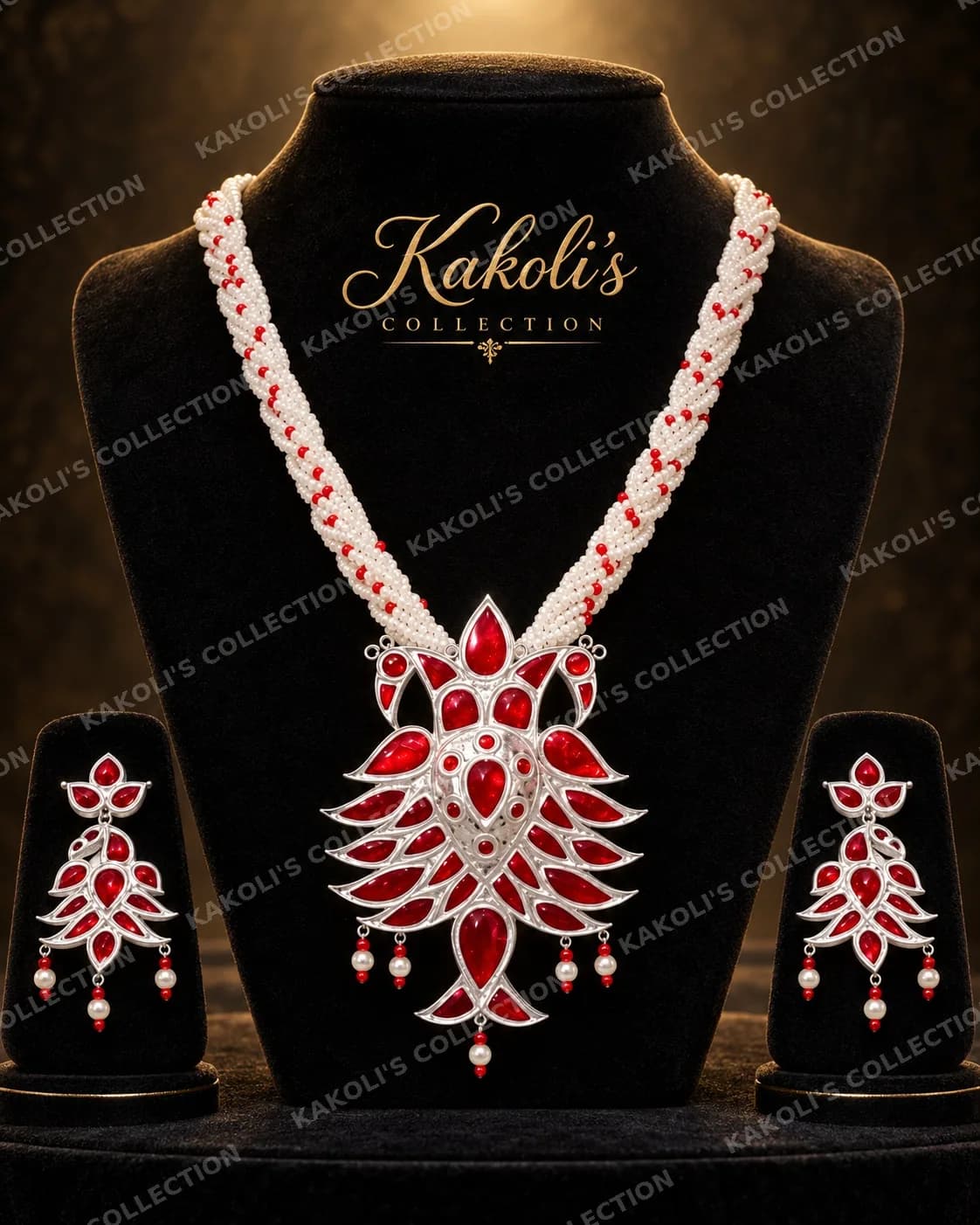 Silver Red Stone Jethipata on Twisted Pearl Rope – Assamese jewellery by Kakoli's Collection