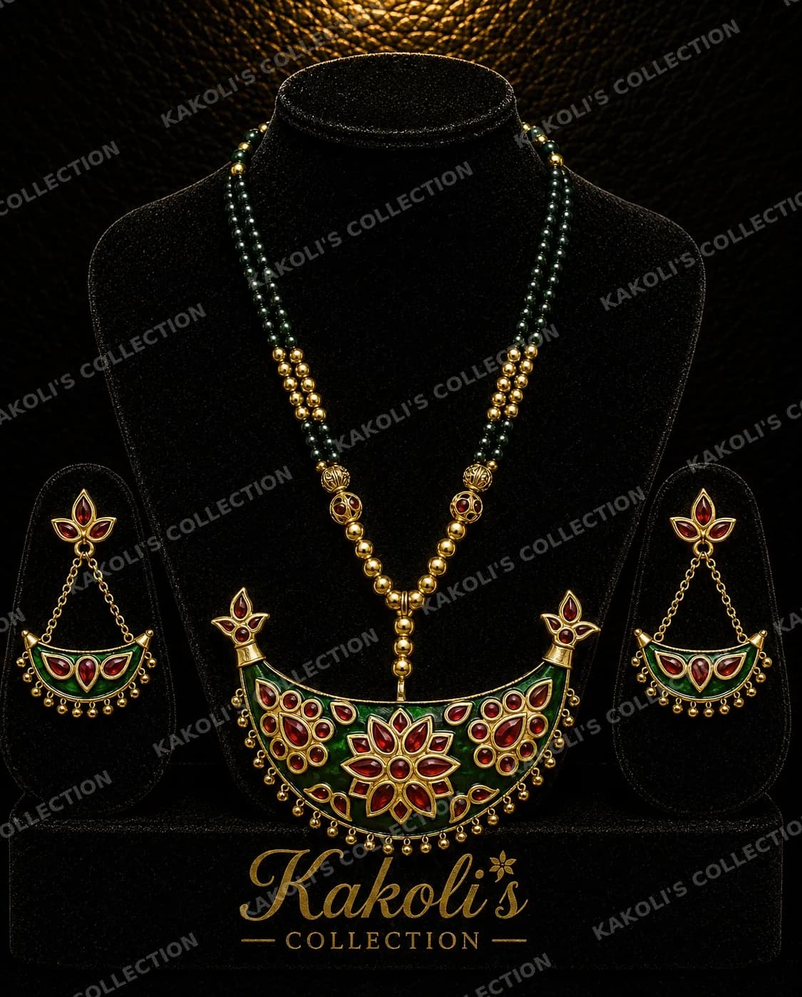 Green Enamel Junbiri with Red Flower on Gold & Green Chain – Assamese jewellery by Kakoli's Collection