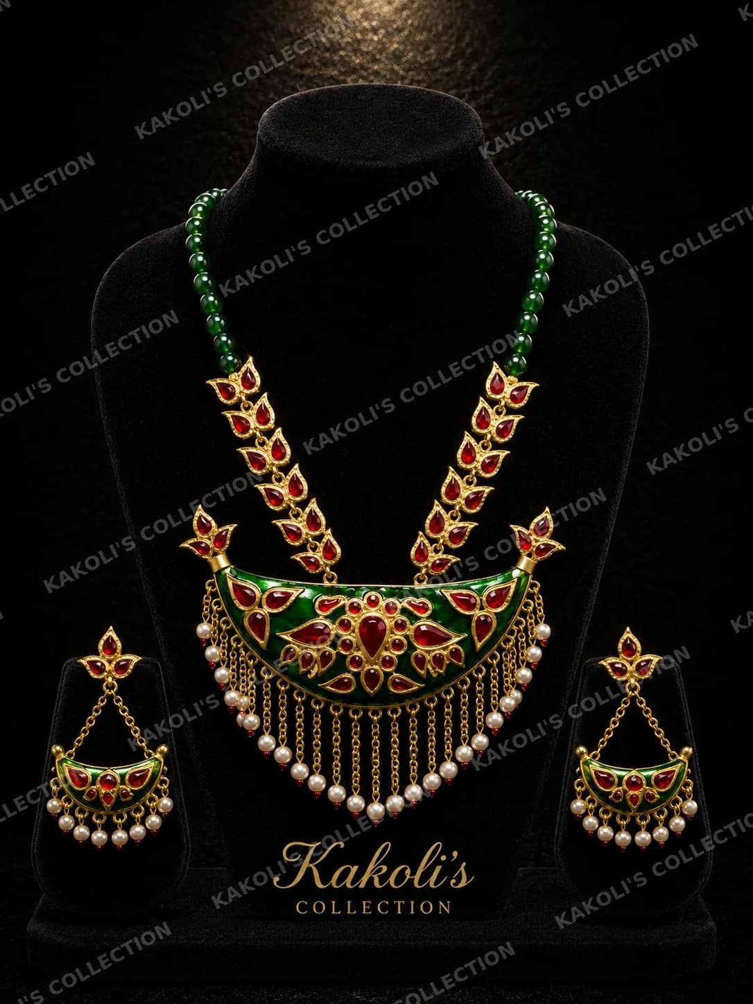 Green Enamel Junbiri with Pearl Fringe & Stone Chain – Assamese jewellery by Kakoli's Collection