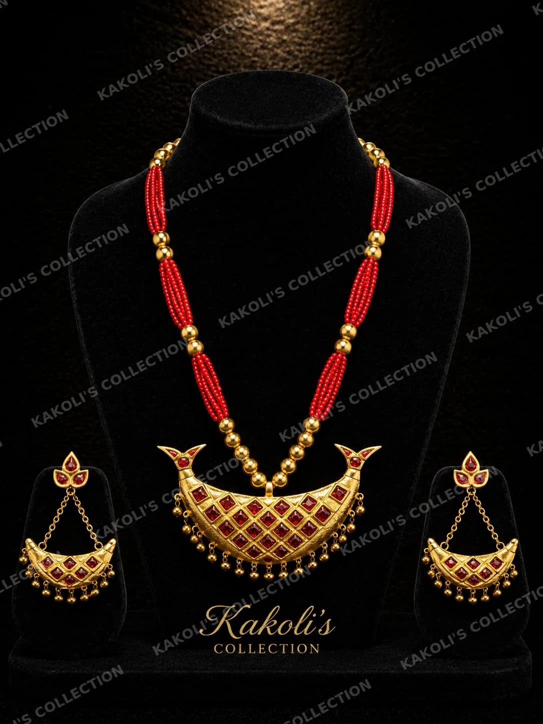Bird-Tip Red Lattice Junbiri on Red Strings – Assamese jewellery by Kakoli's Collection