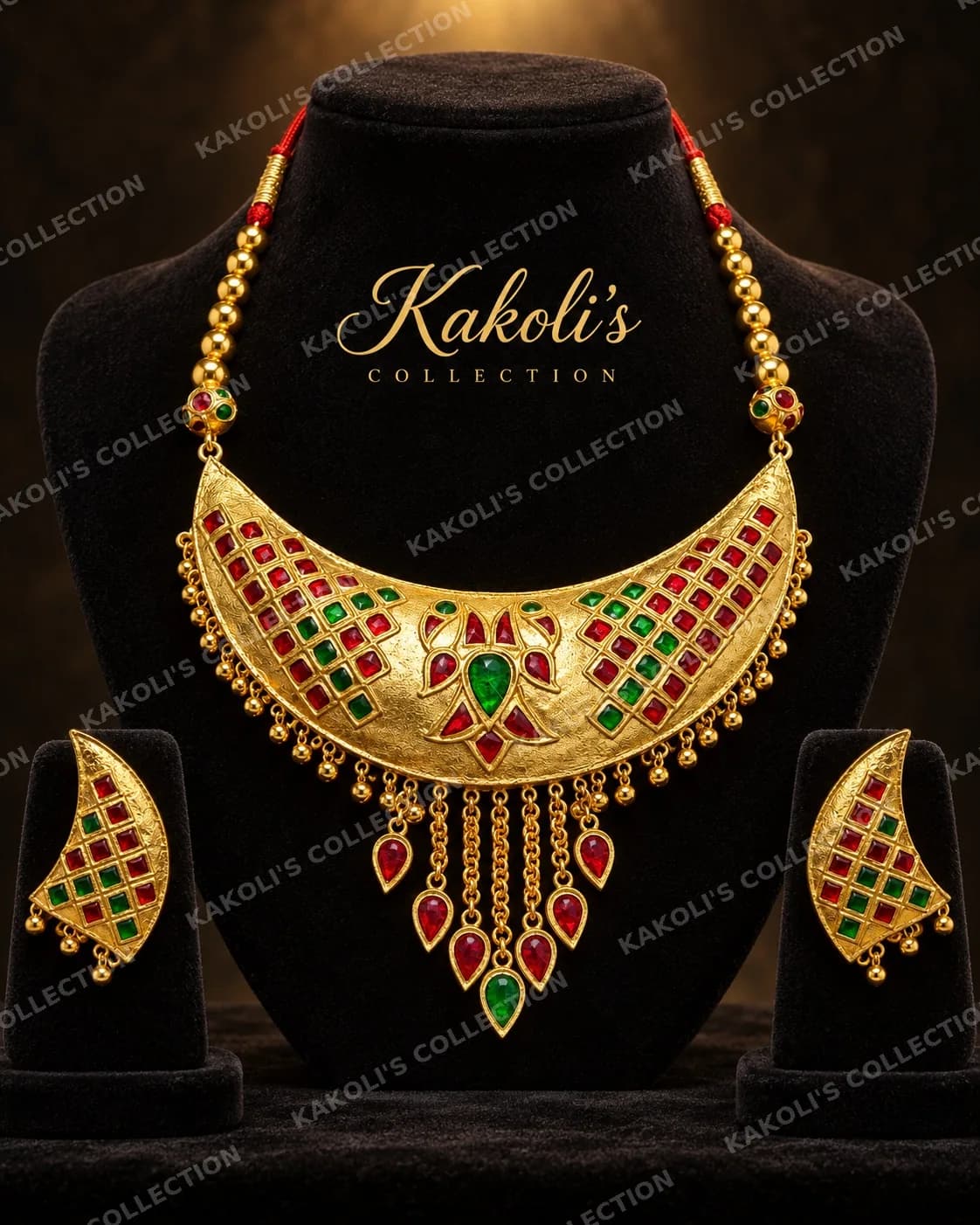 Gold Junbiri with Red & Green Stones and Fringe – Assamese jewellery by Kakoli's Collection