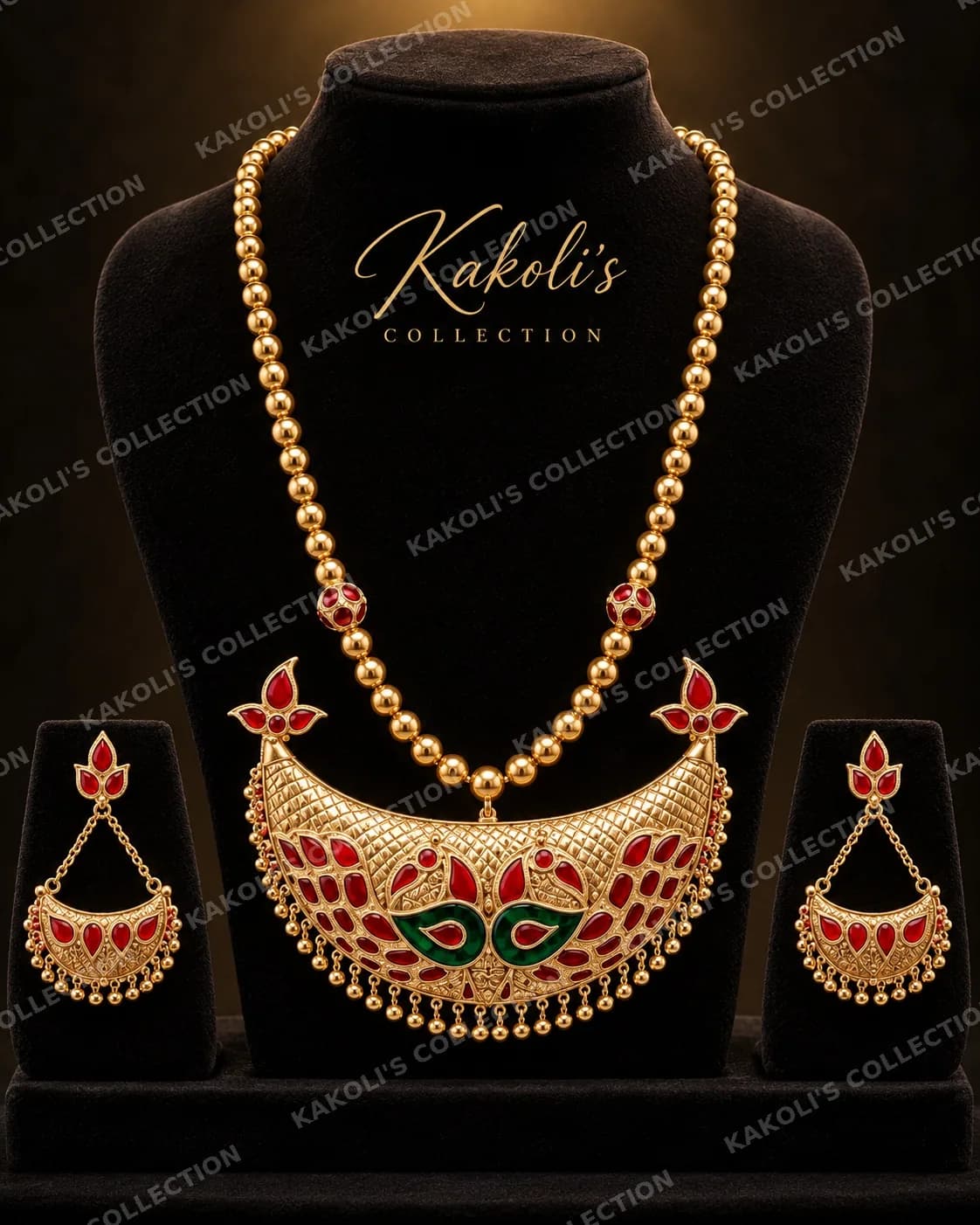 Wide Gold Junbiri with Red & Green Bird Motif – Assamese jewellery by Kakoli's Collection