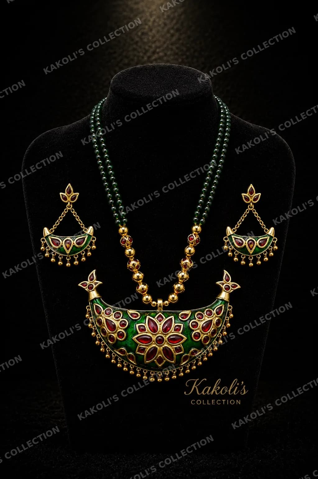 Green & Red Floral Junbiri on Green Bead Strings – Assamese jewellery by Kakoli's Collection