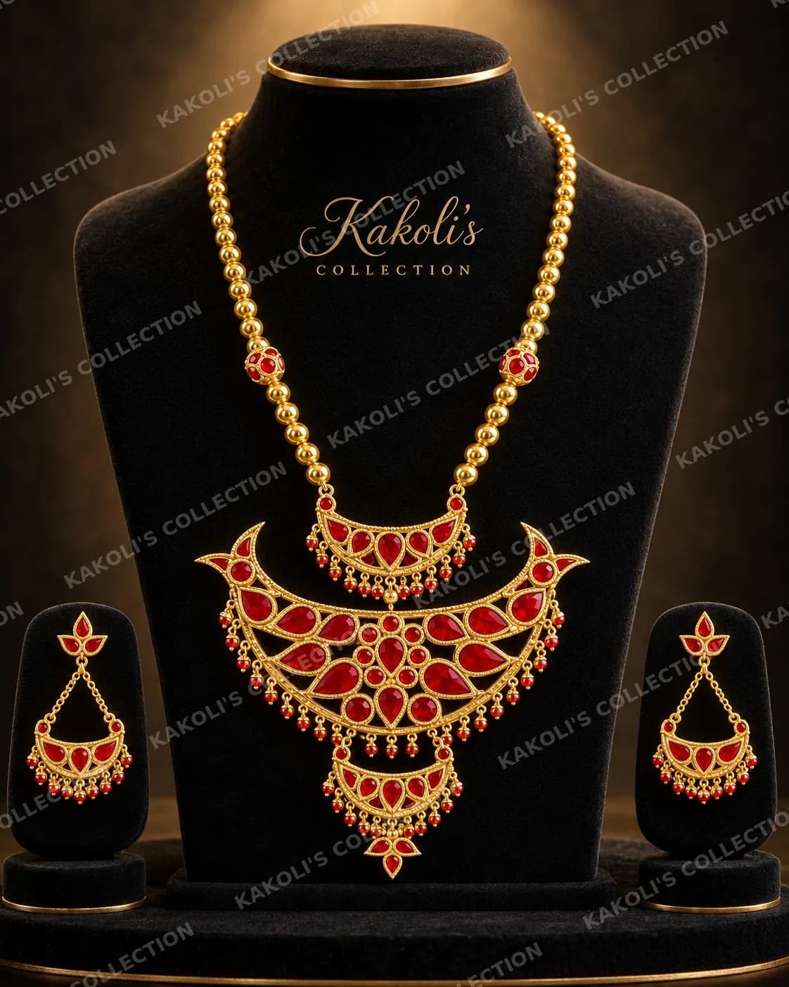 Layered Red Stone Junbiri on Gold Chain – Assamese jewellery by Kakoli's Collection