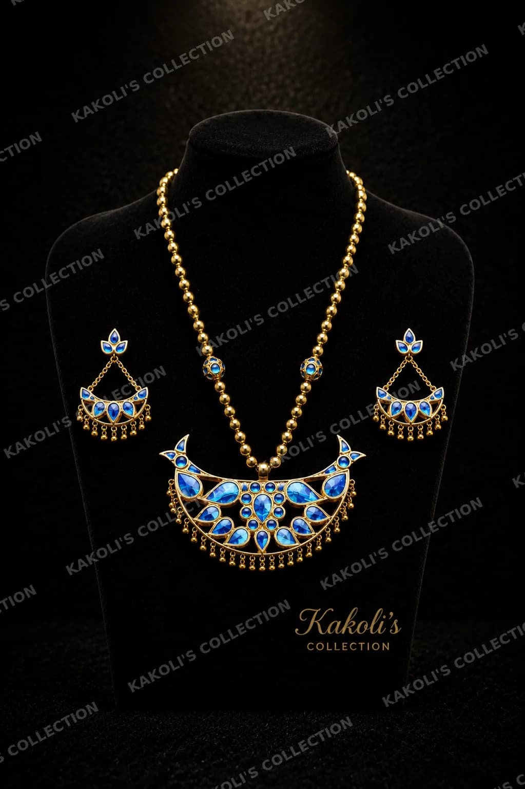 Light Blue Stone Junbiri on Gold Chain – Assamese jewellery by Kakoli's Collection