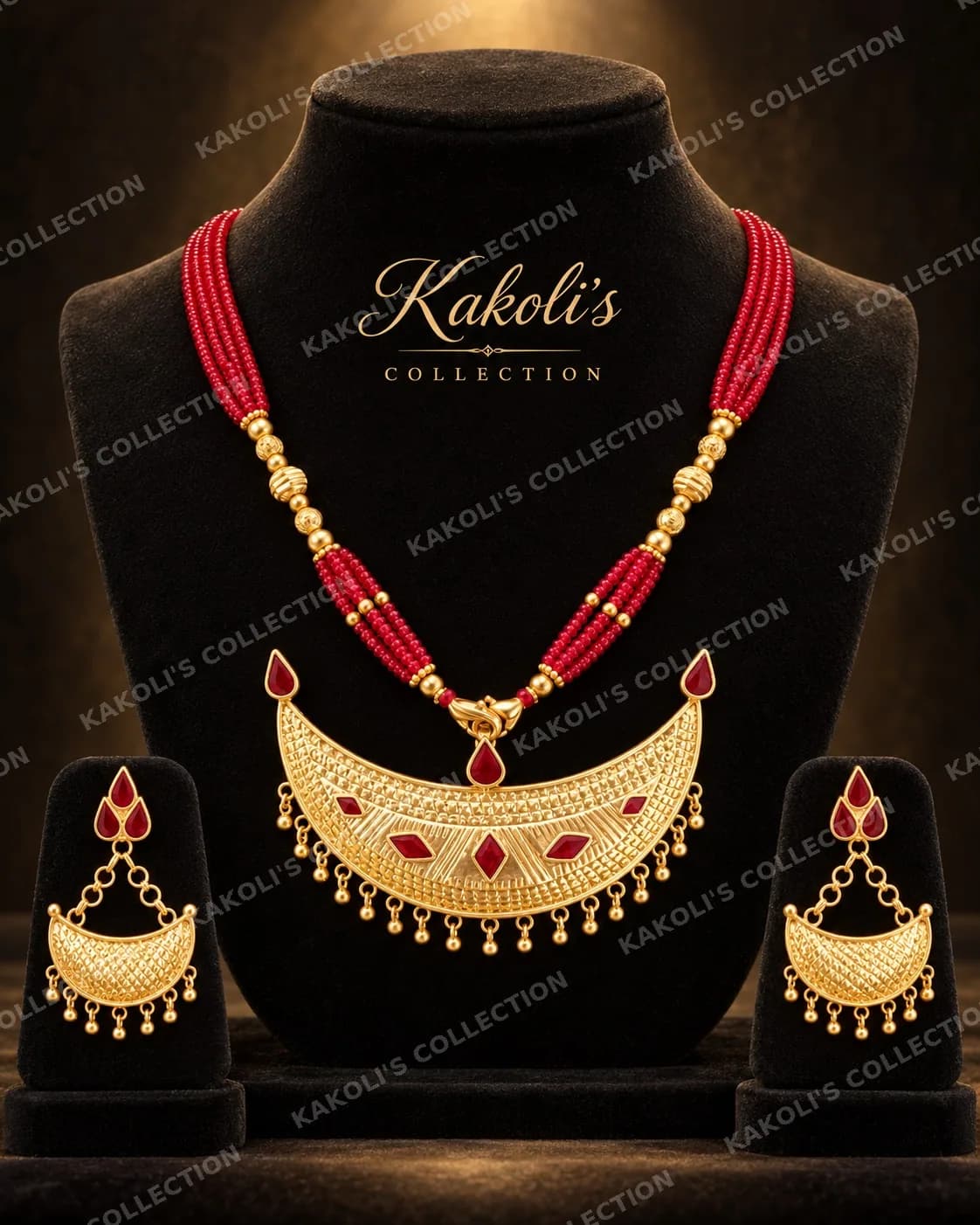 Gold Junbiri with Red Diamonds on Red Strings – Assamese jewellery by Kakoli's Collection