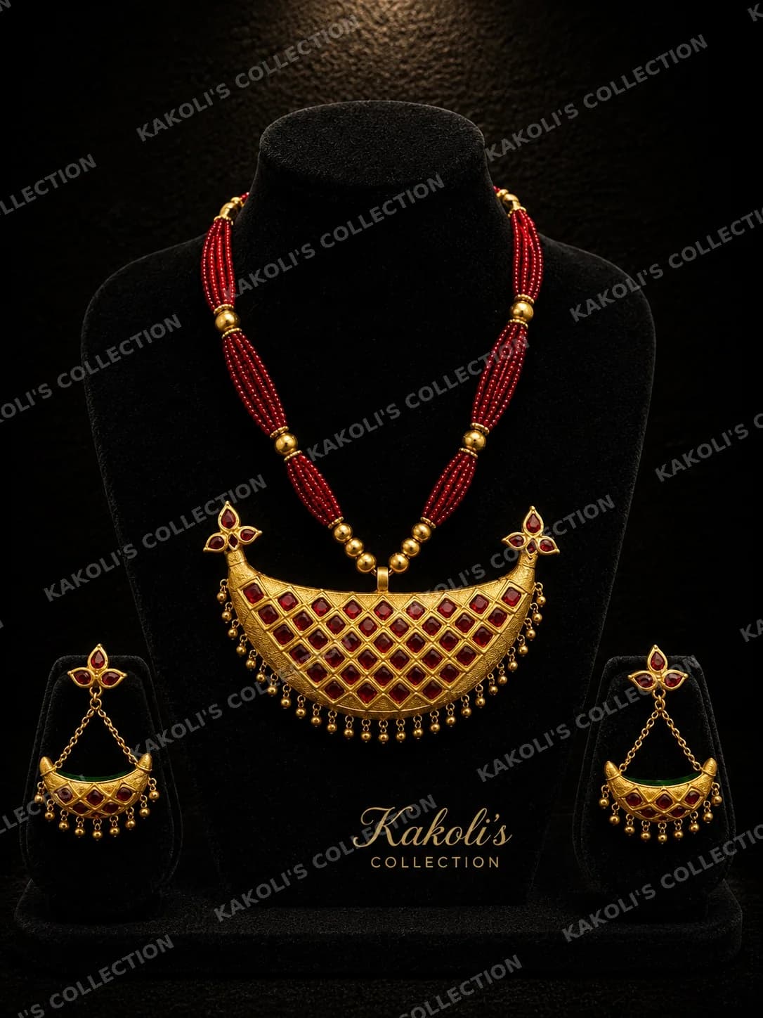 Red Lattice Junbiri on Red Bead Strands – Assamese jewellery by Kakoli's Collection