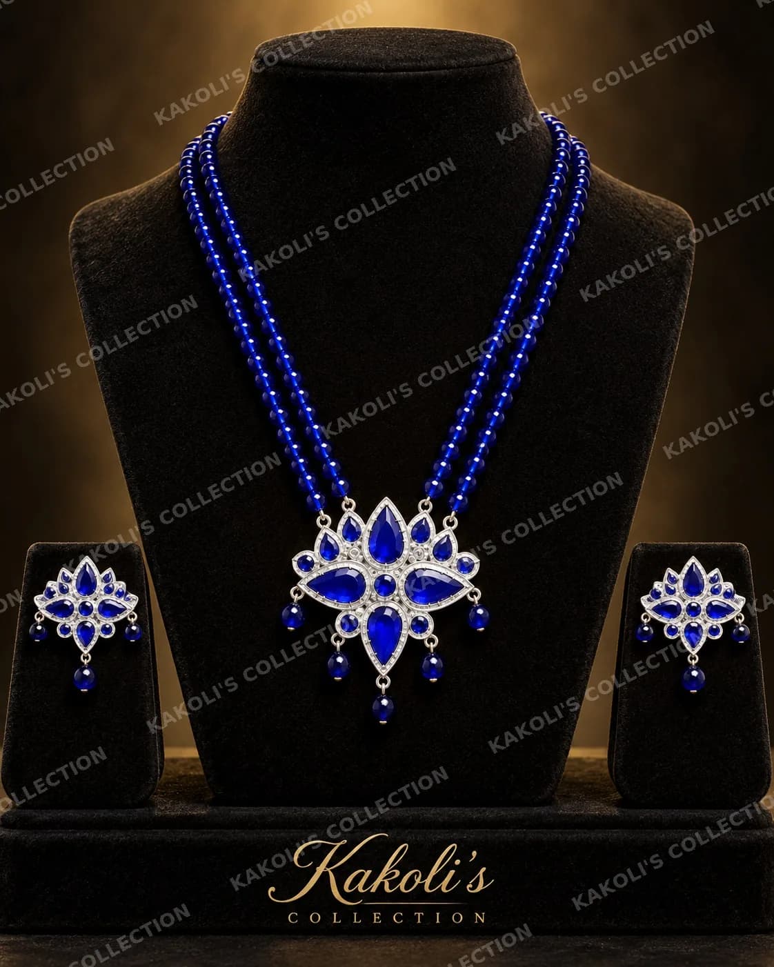 Blue Lotus Locket on Blue Bead Strings – Assamese jewellery by Kakoli's Collection