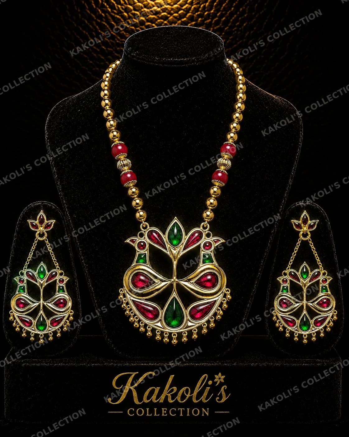 Red & Green Lokaparo on Gold Bead Chain – Assamese jewellery by Kakoli's Collection