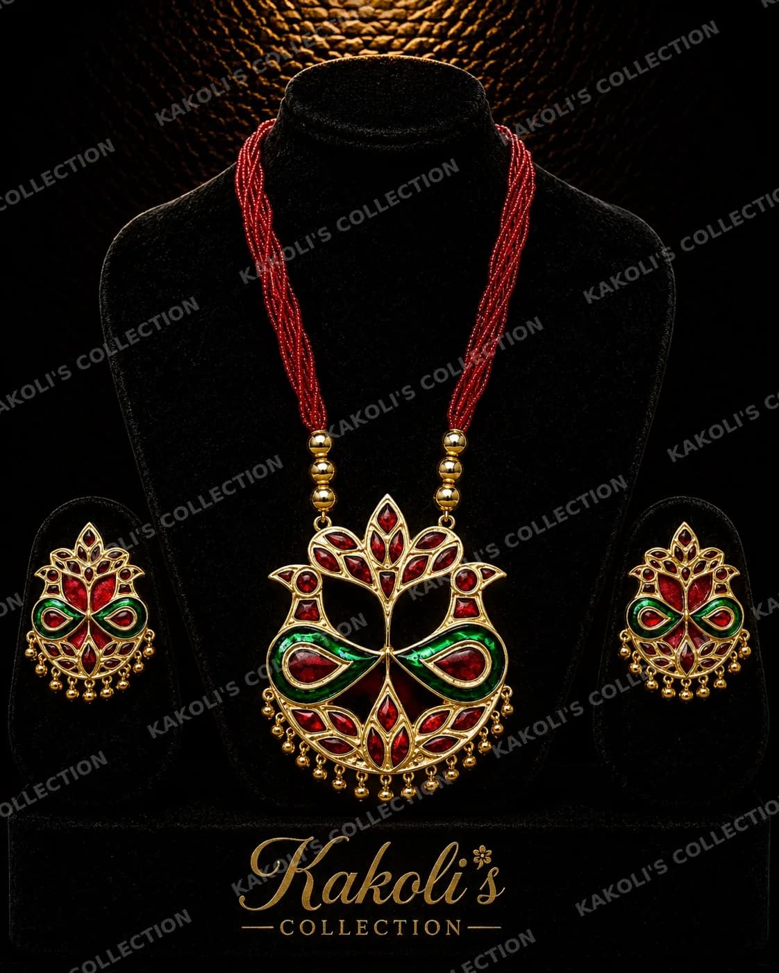 Red & Green Lokaparo on Red Bead Strings – Assamese jewellery by Kakoli's Collection