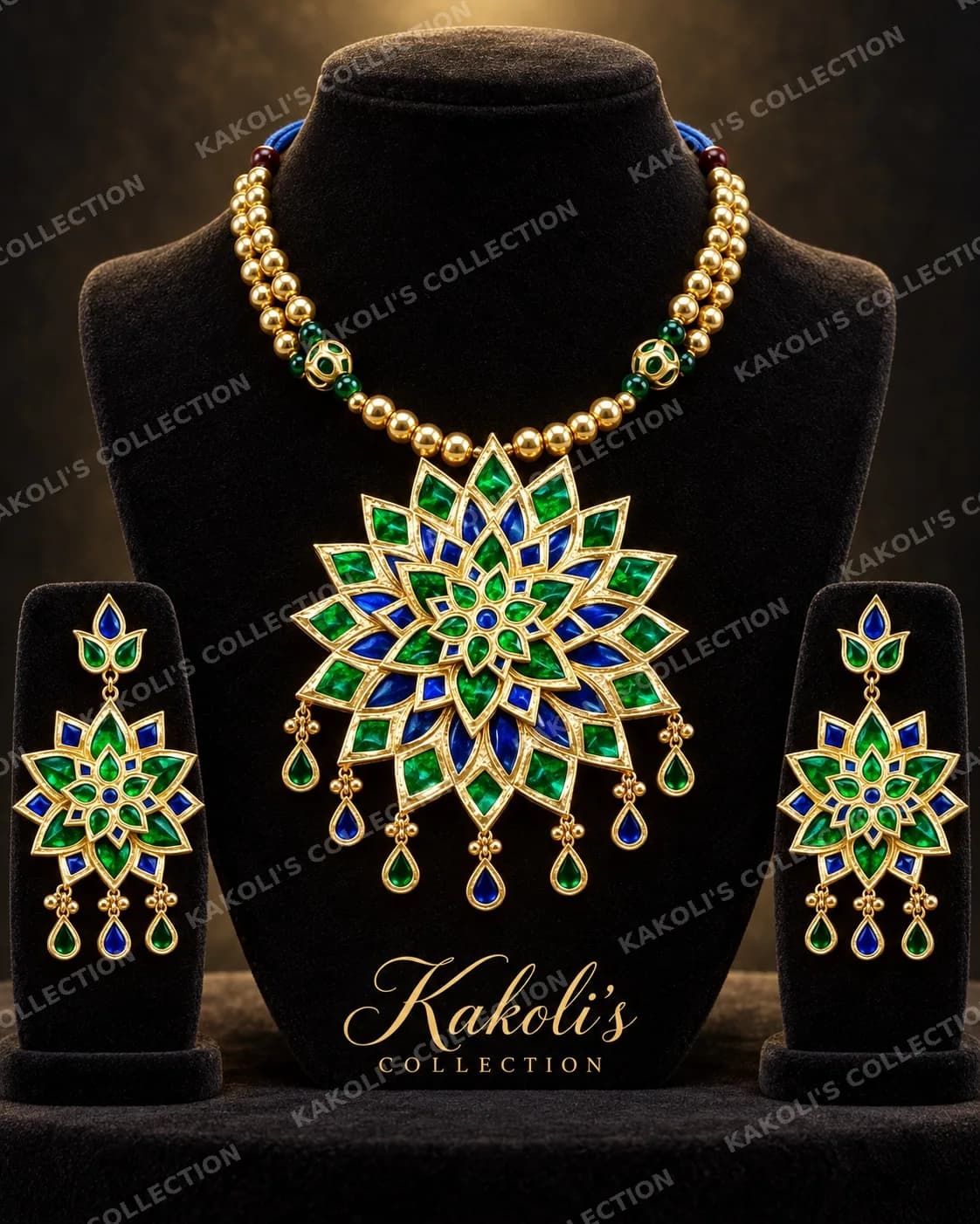 Green & Blue Lotus Starburst Set – Assamese jewellery by Kakoli's Collection