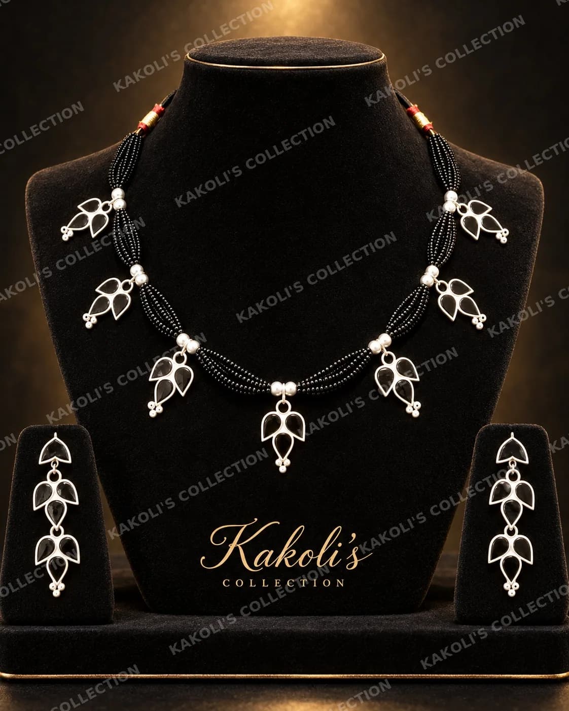 Silver Leaf Paat Golpata on Black Beads – Assamese jewellery by Kakoli's Collection