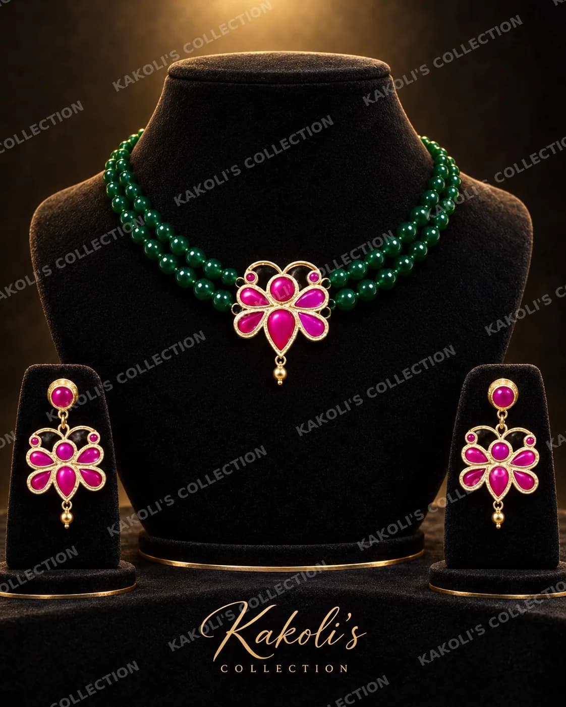 Pink Butterfly Pokhila Golpata on Green Bead Choker – Assamese jewellery by Kakoli's Collection