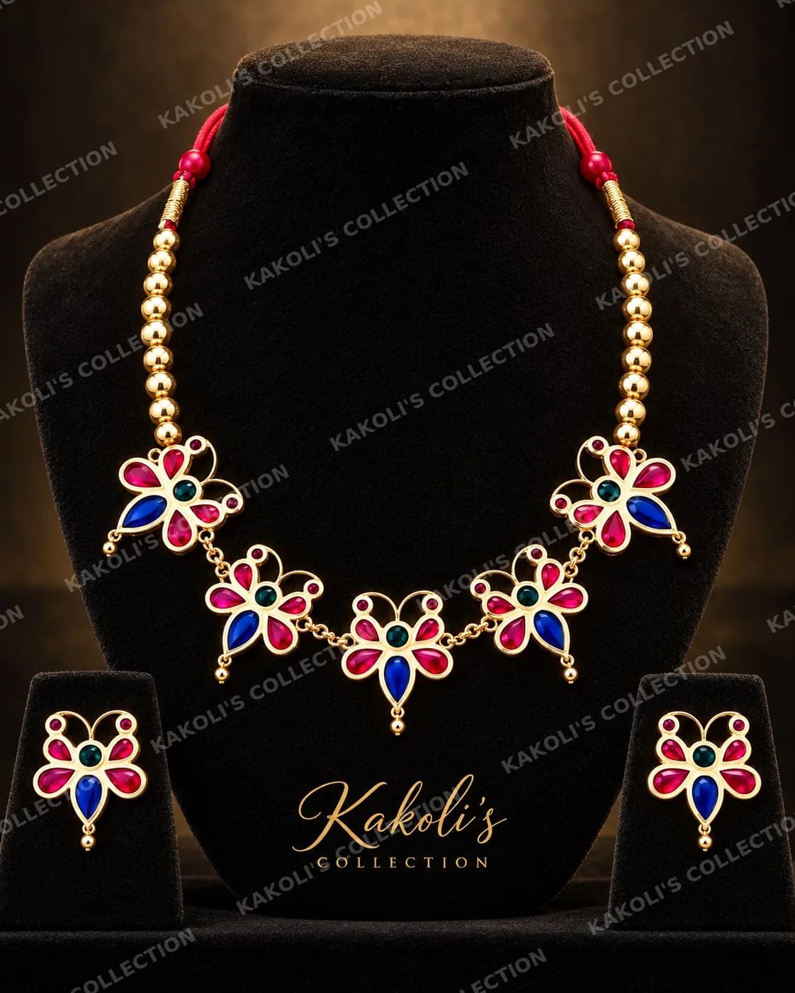 Pink & Blue Butterfly Pokhila Golpata on Gold Beads – Assamese jewellery by Kakoli's Collection