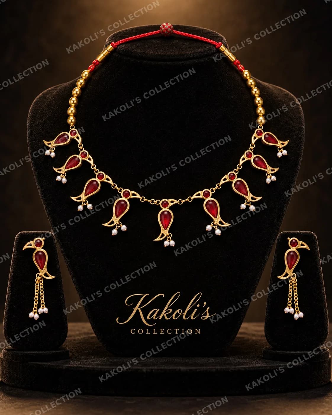 Red Bird Drops with Pearls on Gold Chain – Assamese jewellery by Kakoli's Collection