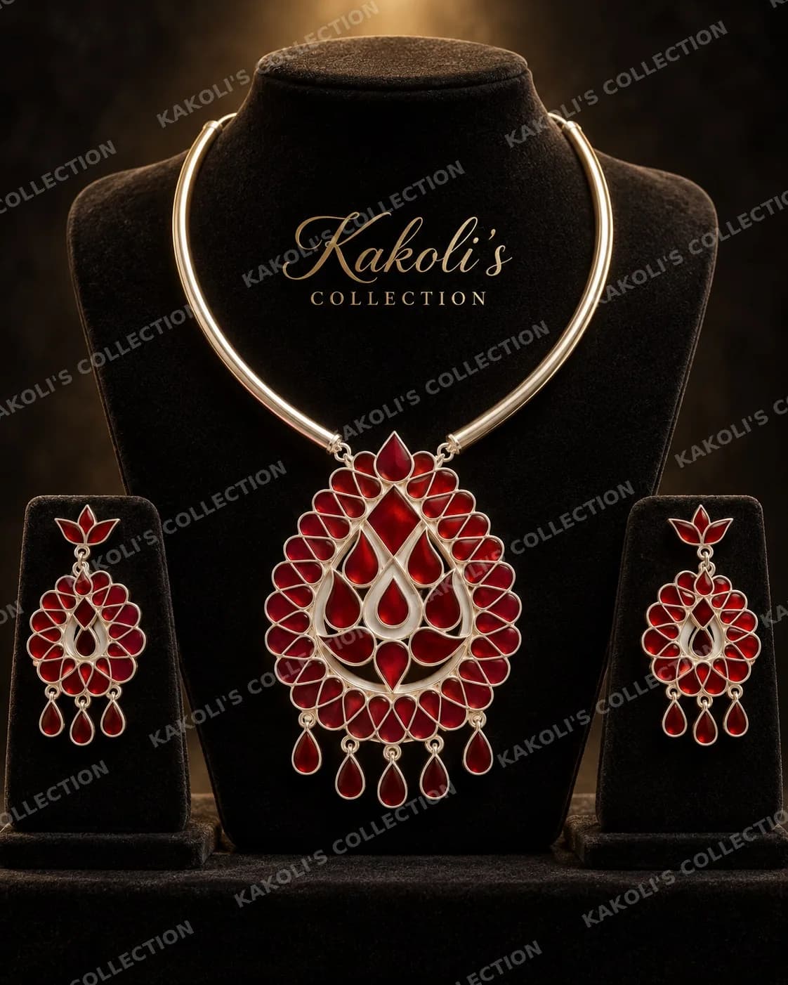 Silver Hasuli with Red Teardrop Pendant – Assamese jewellery by Kakoli's Collection