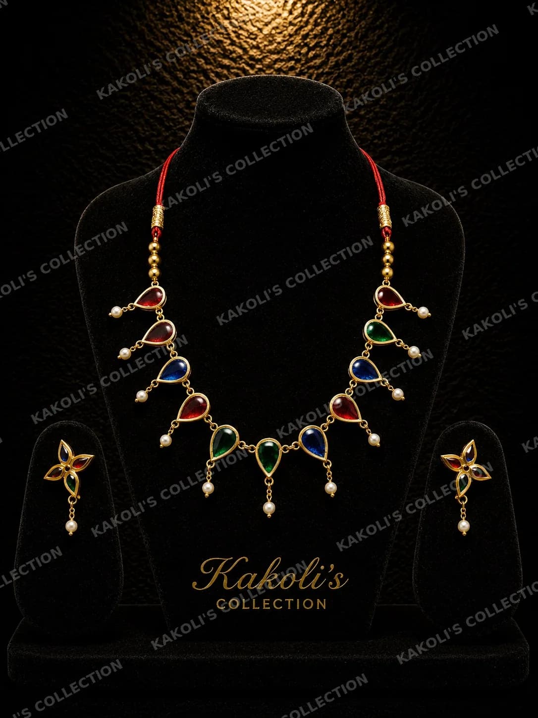 Red, Blue & Green Teardrop Golpata – Assamese jewellery by Kakoli's Collection