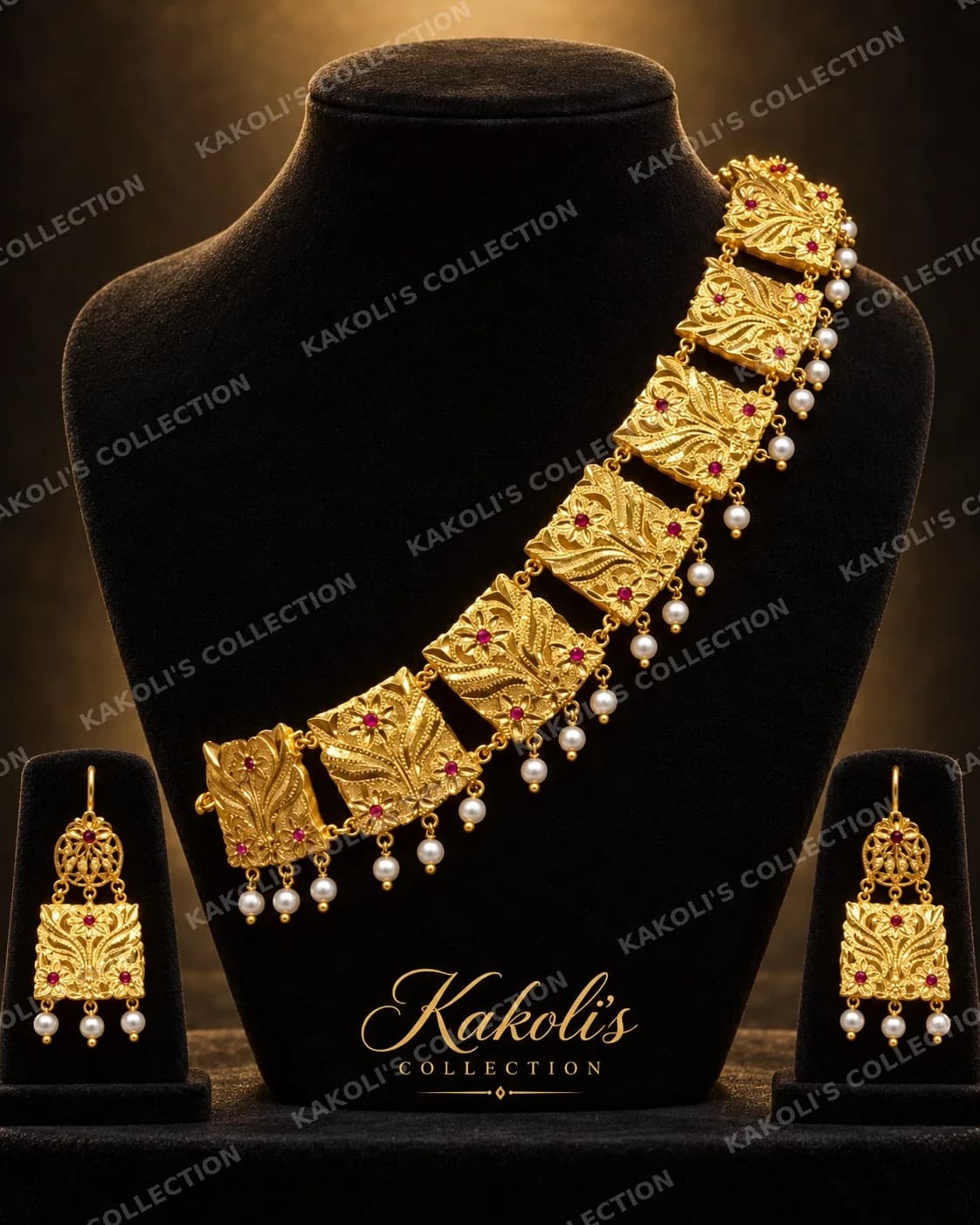 Gold Square Panel Golpata with Pearl Drops – Assamese jewellery by Kakoli's Collection