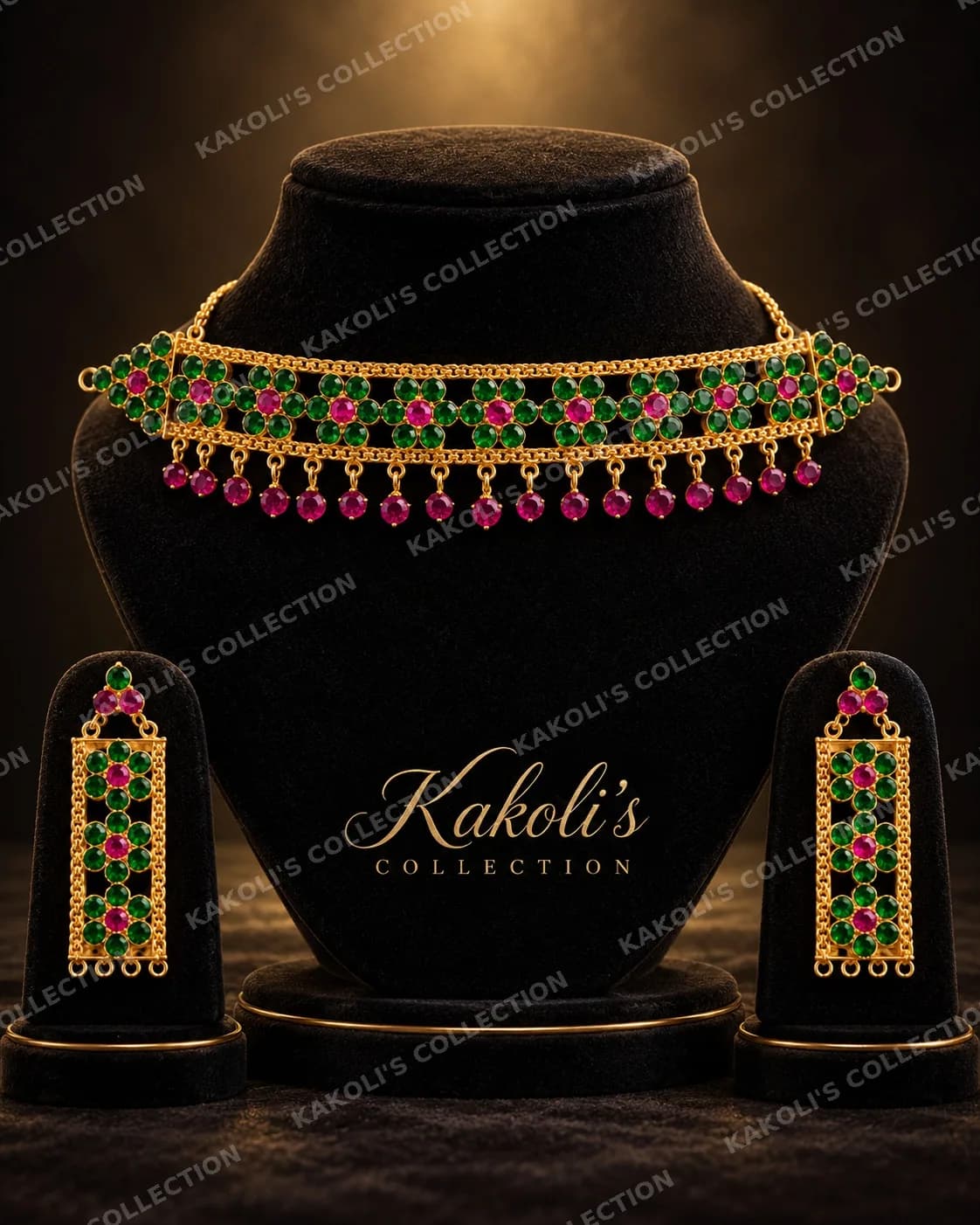 Green & Pink Stone Golpata Choker with Fringe – Assamese jewellery by Kakoli's Collection