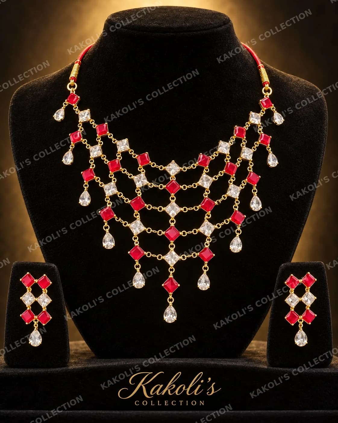 Five-Row Ruby & Crystal Mesh Golpata – Assamese jewellery by Kakoli's Collection