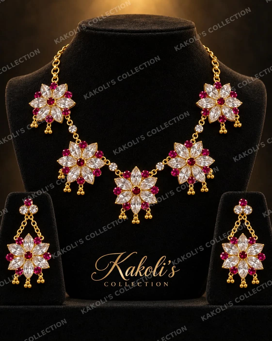 Large Ruby & Crystal Star Flower Golpata – Assamese jewellery by Kakoli's Collection