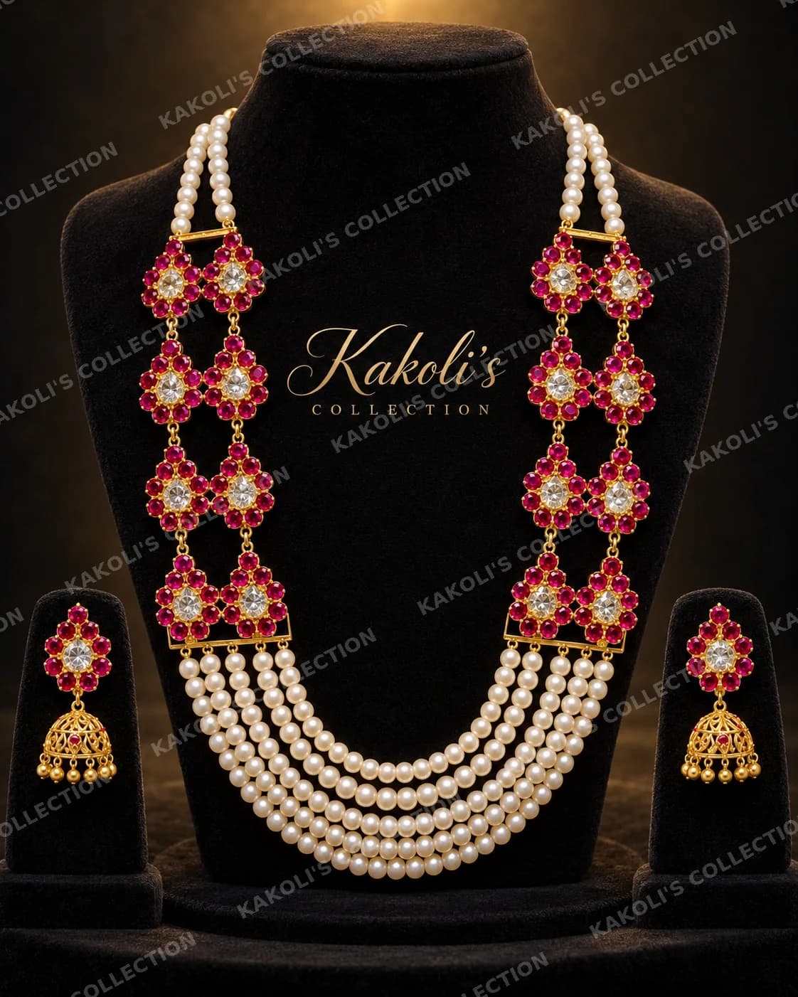 Ruby Flower Panels on Five-Strand Pearl Necklace – Assamese jewellery by Kakoli's Collection