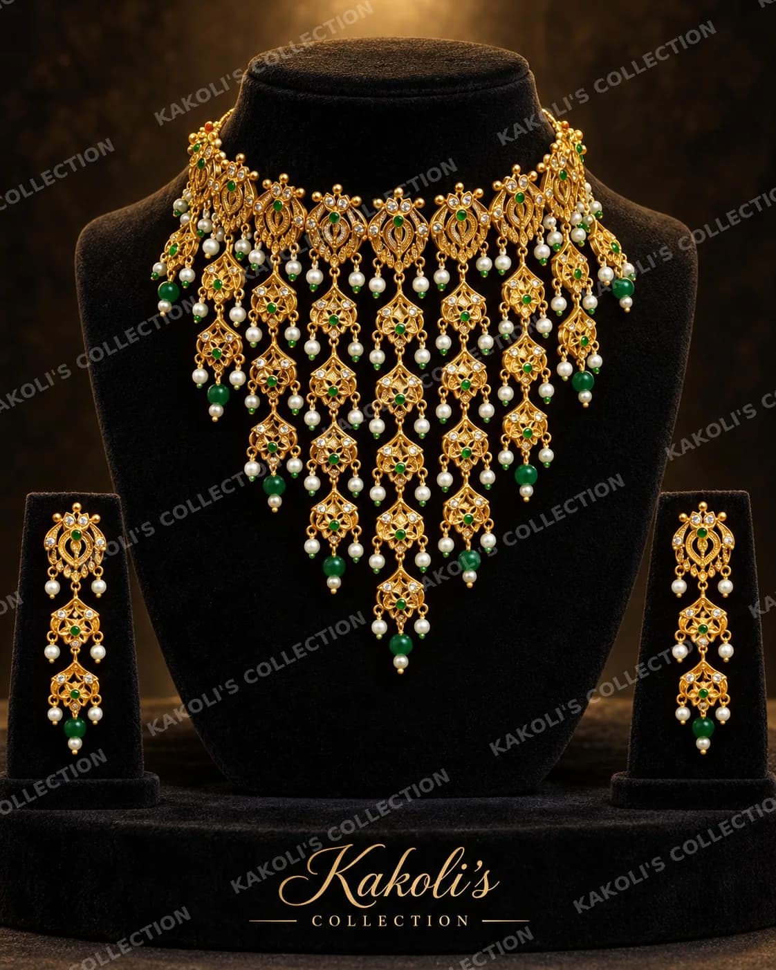 Gold & Green Bead Waterfall Bridal Golpata – Assamese jewellery by Kakoli's Collection