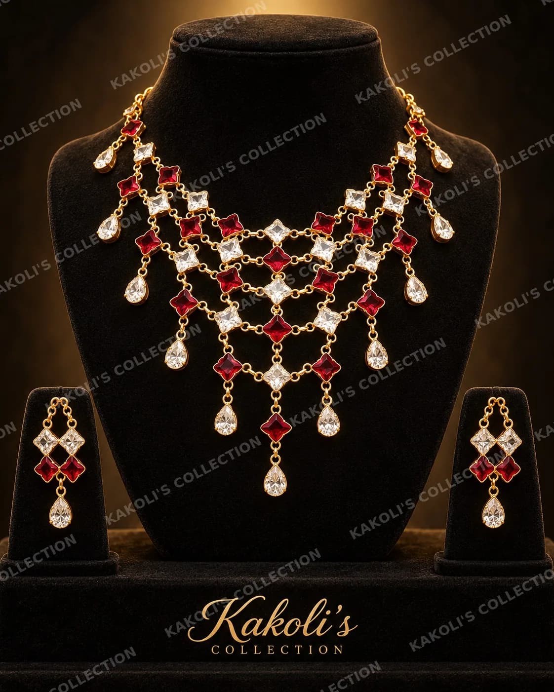 Four-Row Ruby & Crystal Diamond Golpata – Assamese jewellery by Kakoli's Collection