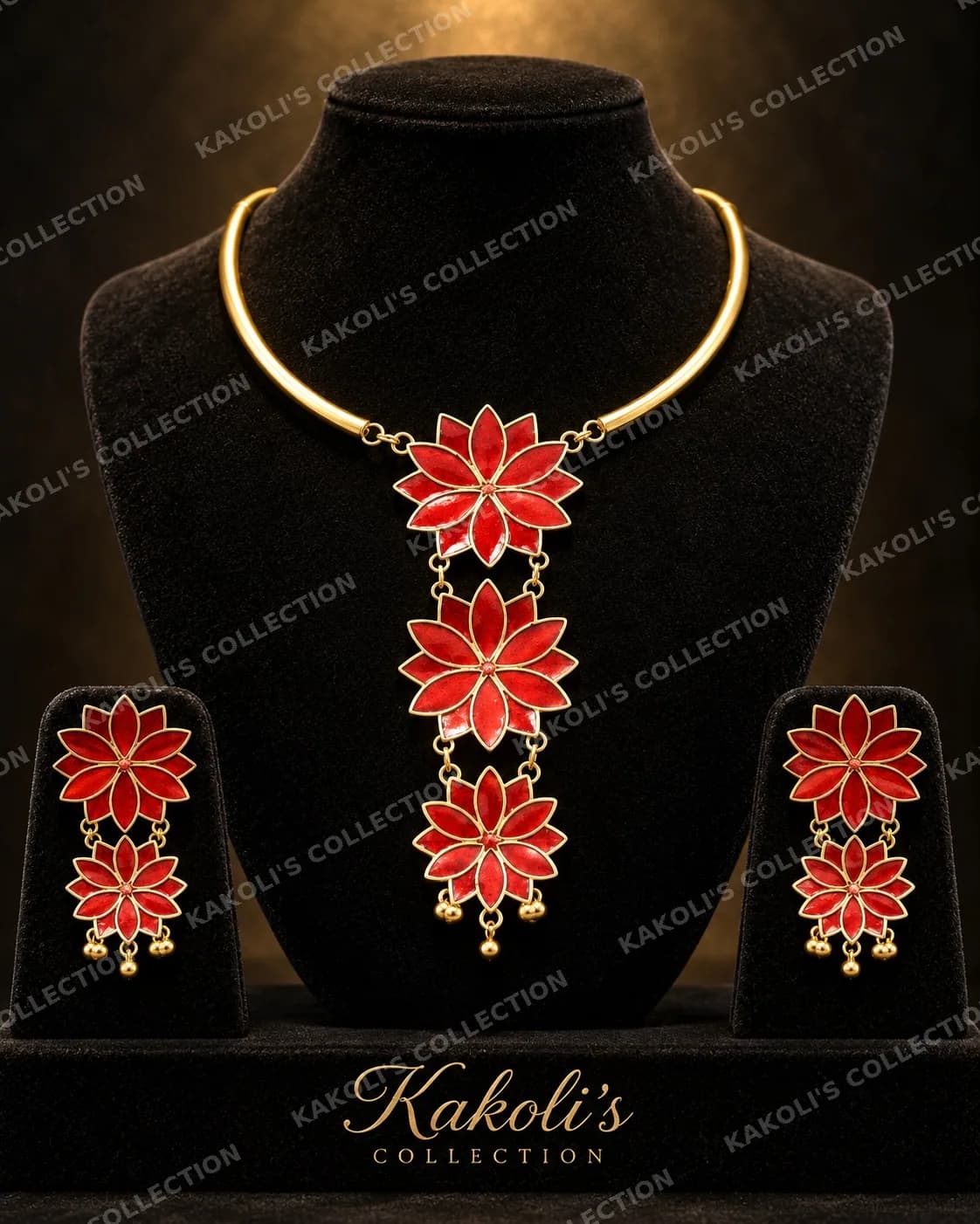 Red Flower Thuriya Set on Gold Hasuli – Assamese jewellery by Kakoli's Collection