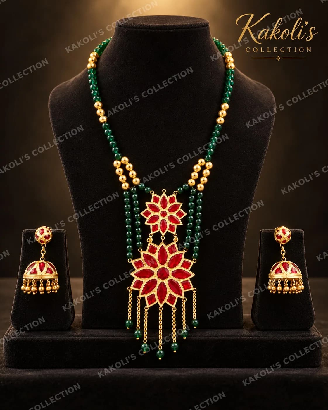 Red Flower Thuriya with Jhumkas & Green Bead Tassel – Assamese jewellery by Kakoli's Collection