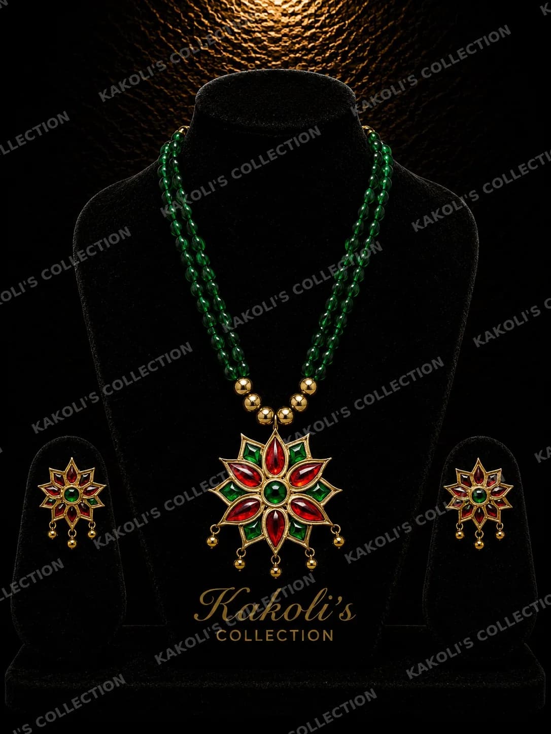 Red & Green Tiktiki on Green Beads – Assamese jewellery by Kakoli's Collection